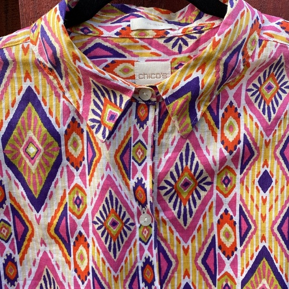 Chico’s Ikat Linen Button-Back Shirt % Linen No Iron Women’s Size L - Picture 8 of 16